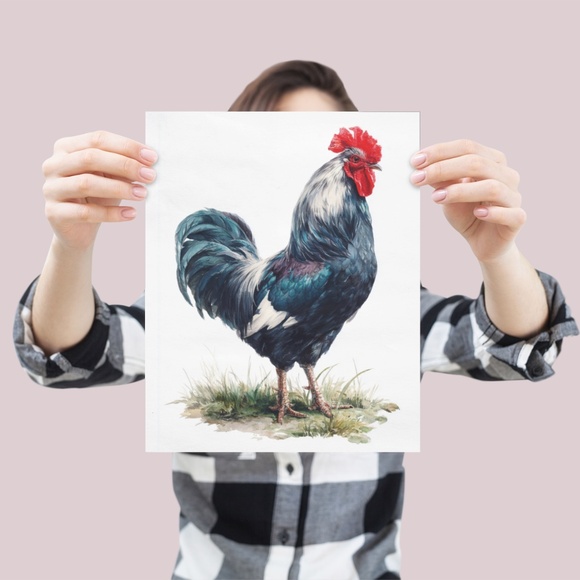 Watercolor Blue Rooster Portrait Wall Art Print Poster Unframed - Bird Artwork - Picture 4 of 6